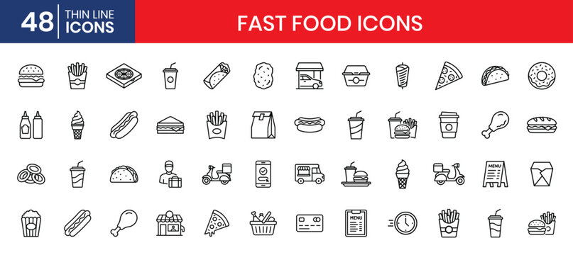 Street food and takeaway thin line icon set