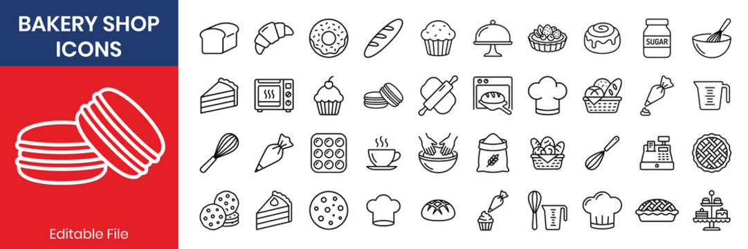 Bakery shop thin line icon set baguette croissant cupcake donut cake