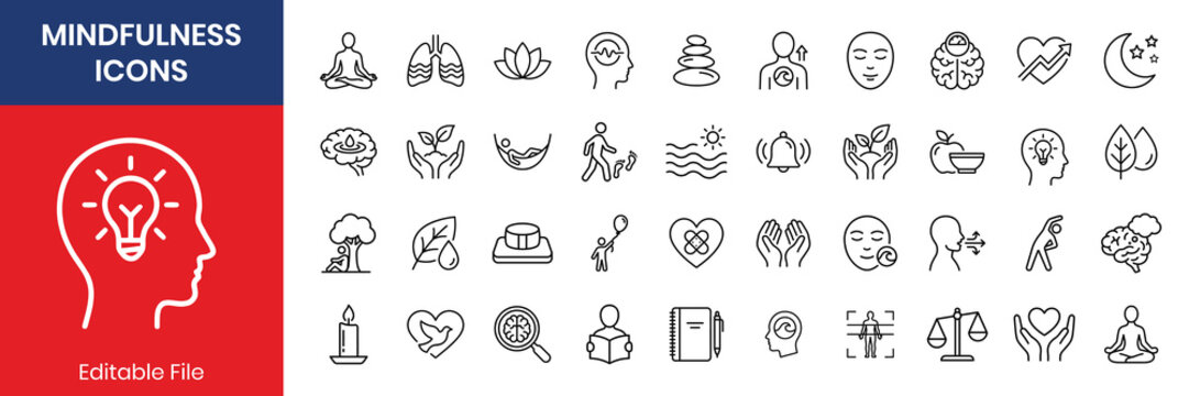 Mental wellness and self care thin line icon set
