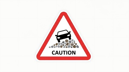 Caution road sign with falling rocks warning