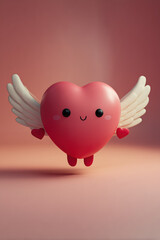 heart with wings in pink, looking friendly, cute 3D model, love, dark background, portrait format, photorealistic