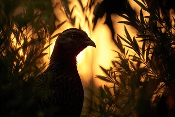 A pheasant silhouetted against a golden sunset, framed by leafy branches, creating a warm, natural scene