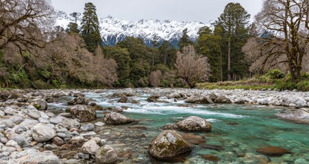 Serene Mountain River Landscape with Snow-Capped Peaks and Lush Forest.