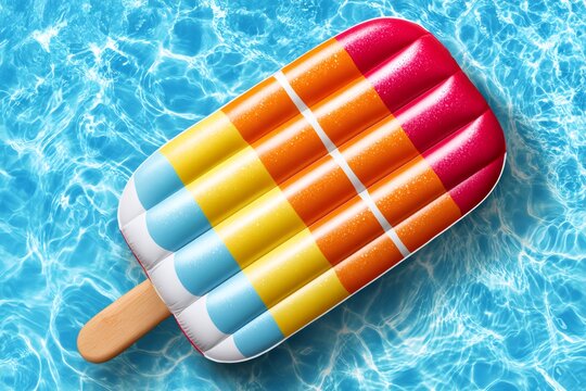 Colorful inflatable popsicle floating on refreshing blue swimming pool water