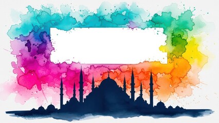 Fototapeta premium Artistic Islamic Greeting Background with a Silhouette of a Grand Mosque against a Vibrant Multi-Color Watercolor Splash with a Text Box