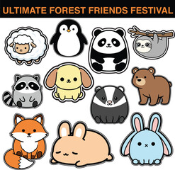 Cute round forest animal friends kawaii sticker set © arpongfx
