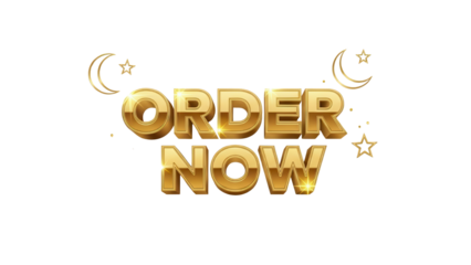 Golden 3D Text 'ORDER NOW' Isolated Vector Graphic with Decorative Moons and Stars isolated PNG with Transparent Background