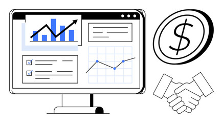 Obraz premium Data analysis, financial growth, business planning, investment, teamwork, economic trends. Monitor displaying graphs, dollar symbol and handshake icon. Data analysis and financial growth concept