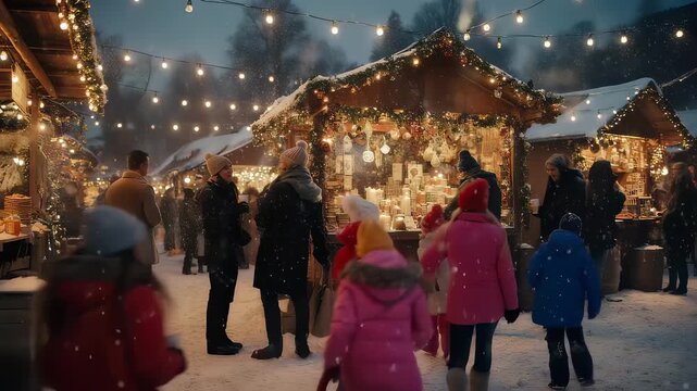 Winter market filled with laughter. This video captures the joy of a bustling winter market, where families and friends enjoy festive decorations, delicious treats, and the enchanting atmosphere of th