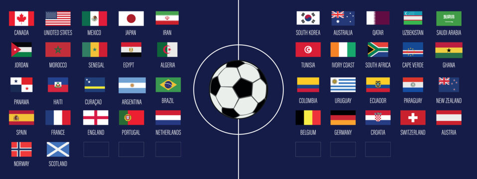 Football. 2026. Flags of the participating teams