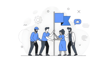 Business Teamwork Illustration with People Raising a Blue Flag Together, PNG, Transparent Background, ideal for leadership, success, and corporate collaboration projects.
