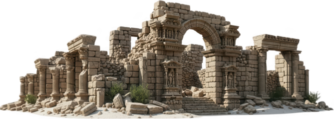 Ancient crumbling stone ruins with intricate columns arches and weathered statues suggesting historical decay and forgotten civilizations in arid surroundings architecture transparent background