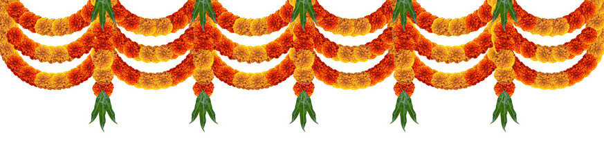 Marigold flowers with mango leafs for hindu festival and mobile invites decorative design element