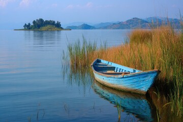 Obraz premium Serene lakeside scene with a blue boat, reeds, distant island, and rolling hills under a hazy sky