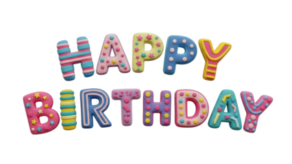 Colorful 'Happy Birthday' Text with Decorative Cookie Letters isolated PNG with Transparent Background