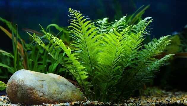 Beautiful Java Fern In Tropical Freshwater Planted Aquarium Aquascape Near Frodo Stone Close Up