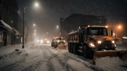 Snow plows clearing the streets. This video shows the hustle and bustle of snow plows working tirelessly through the nighttime streets, ensuring safe travel during a heavy winter snowfall.