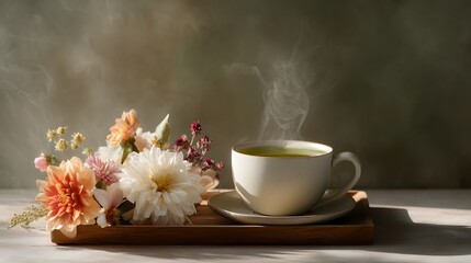 A white cup with green tea sits on a wooden tray with flowers