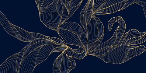 Luxury botanical pattern, elegant gold line leaves background. Modern vector design, nature tropical foliage, organic texture, wallpaper, premium decorative print. © marylia17