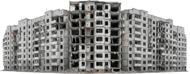 Facade of a large multi story residential apartment building showing severe damage from conflict with broken windows and collapsed sections destroyed building apartment block transparent background