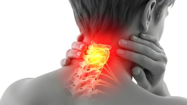 Neck and cervical spine anatomy with red glowing pain area. Chiropractic care and spinal health. Person touching painful neck muscles with highlighted vertebrae inflammation