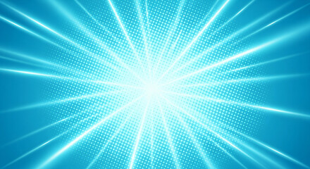 Vibrant blue background with radiant light rays and halftone dots pattern