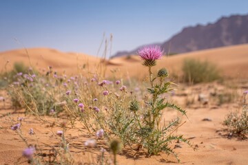 Desert scene with a vibrant pink thistle in bloom, surrounded by sand and mountains