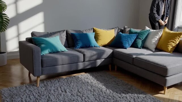 Stylish sofa placed in living room. This video showcases a modern living space featuring a cozy gray sofa adorned with colorful cushions, highlighting a blend of comfort and contemporary design in hom