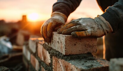 Close-up of a construction worker laying bricks, focus on hands and setting sun backdrop