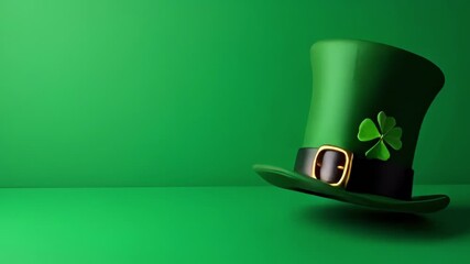 Green leprechaun hat with gold buckle and clover detail on a green background. St. Patrick's Day holiday theme with copy space