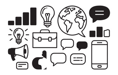 Business and communication flat vector icons set isolated on white background depicting various elements