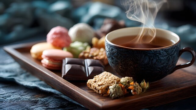 A tray of assorted pastries and cookies sits on a table next to a cup of tea - Powered by Adobe