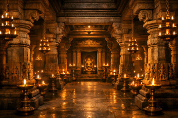 Fototapeta premium Temple Interior with Candles and Statue of Lord Buddha