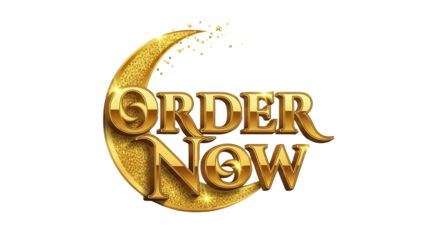 Golden 3D 'ORDER NOW' Text with Glittering Crescent Moon Isolated Graphic isolated PNG with Transparent Background