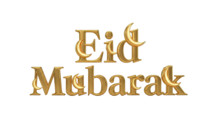 Golden 3D Eid Mubarak Text with Crescent Moons Isolated for Islamic Holiday Design isolated PNG with Transparent Background