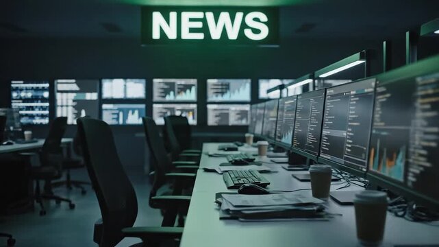 Newsroom with computer workstations