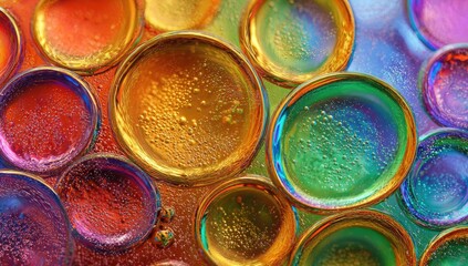 Close-up macro photograph of colorful iridescent oil bubbles floating on a liquid surface