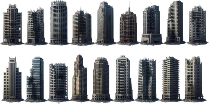 Collection of ruined and damaged high rise buildings with broken windows and debris around the bases depicting urban destruction or decay skyscrapers city disaster urban decay transparent background
