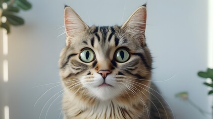 Close-up of a stunning tabby cat with green eyes looking directly at camera