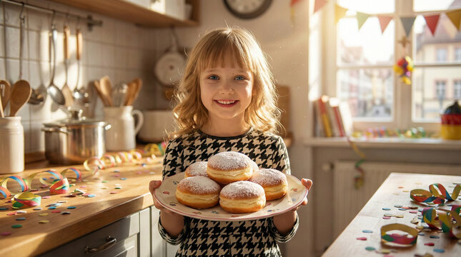 Ein kleines M&auml;dchen pr&auml;sentiert stolz traditionelle Krapfen zum Faschingsfest zu Hause.