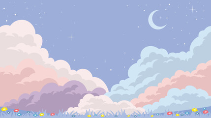 Crescent moon in starry purple sky over soft cloudscape