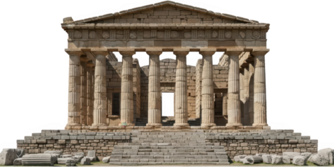 Ancient stone temple ruins featuring Doric columns a grand staircase and crumbling architectural elements bathed in sunlight architecture classical building historic monument transparent background