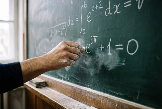Close-up of professor hand writing Euler's identity mathematical formula on green chalkboard with floating chalk dust