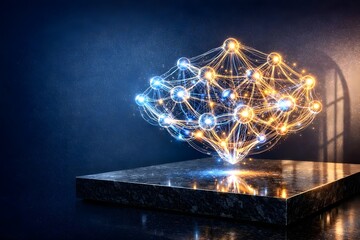 Vibrant neural network visualization symbolizing AI, big data, and digital connection on a sleek stage.