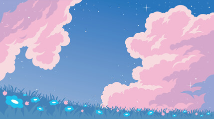 Fantasy blue sky with fluffy pink clouds and night flower field