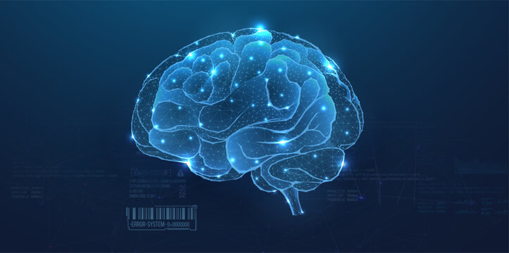 Futuristic Digital Human Brain with Neural Network, Artificial Intelligence and Data Visualization on Blue Technology Background
