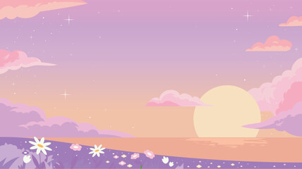 Peaceful sunset over lavender field with big sun and starry sky