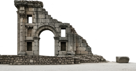 Ancient stone ruins featuring an arched gateway and weathered architectural elements conveying a sense of history and decay architecture archway historical antique derelict transparent background