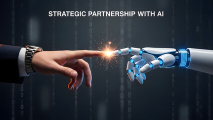 Human hand and robotic arm touching with sparkling connection