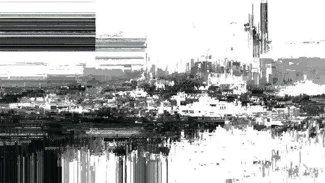 Abstract glitch art with distorted digital noise and pixelation effects on white background
